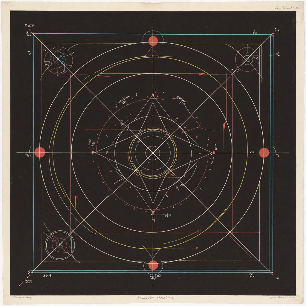 Abstrakte Übersicht der Zodiak-Geometrie mit kreisförmigen und polygonalen Strukturen, feinen Linien und proportionalen Feldern auf dunklem Hintergrund; sachlicher Bauhaus- und Structural-Stil mit Akzenten in Rot, Blau und Gelb